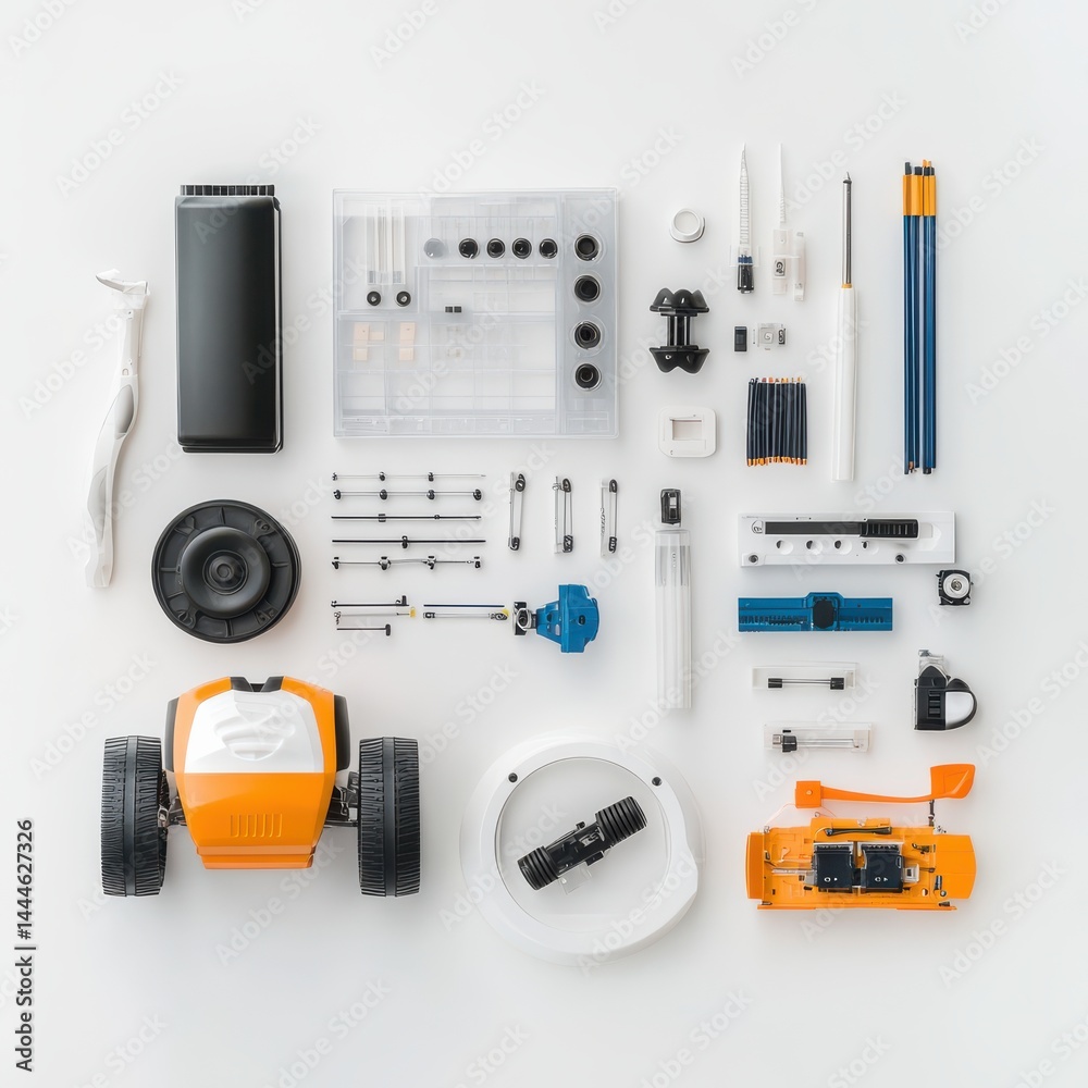 Educational robotics kits flat lay display modern workspace product photography creative learning top-down view innovative technology Educational robotics kits flat lay display modern workspace product photography creative learning top-down view innovative technology