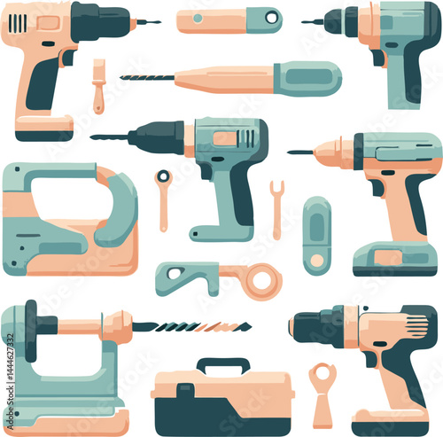 Flat Icon Set of Power Tools and Hand Tools for DIY Projects