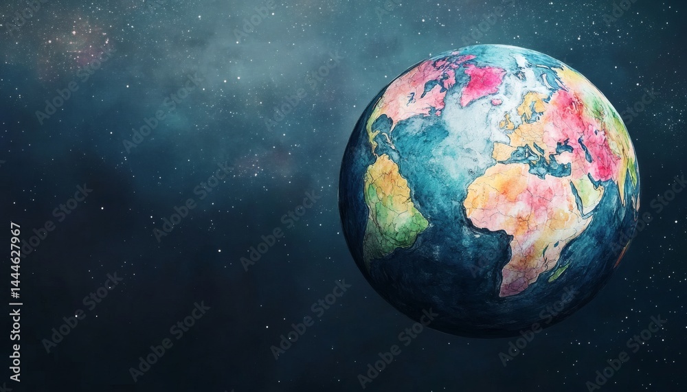 Colorful artistic depiction of earth in space.