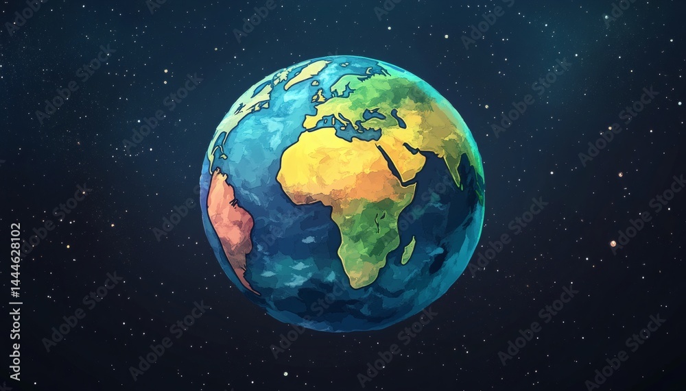Colorful stylized illustration of planet Earth in space.