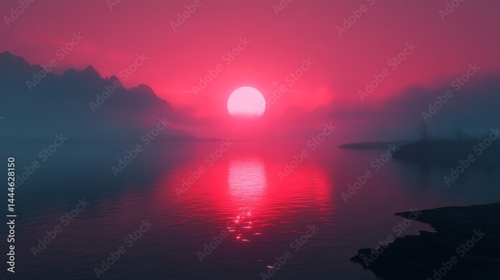 Fototapeta premium Crimson sunset over a misty mountain lake.