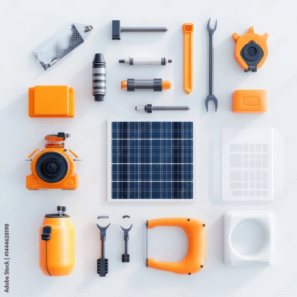 Robotic maintenance tools flat lay studio setting high-resolution image technical environment top-down view Robotic maintenance tools flat lay studio setting high-resolution image technical environment top-down view