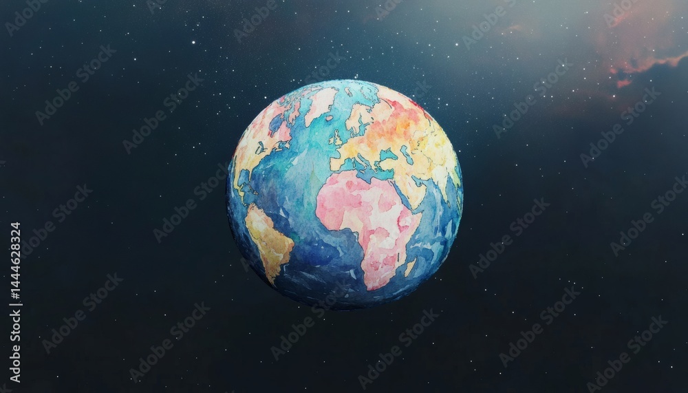 Colorful planet earth depiction in a cosmic backdrop.