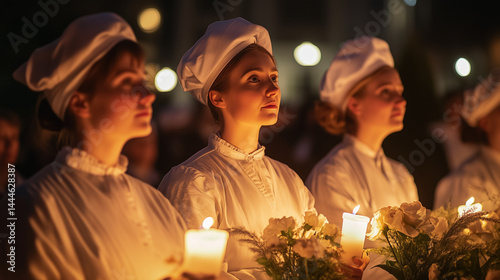Florence Nightingale Commemoration, England, tribute to the Lady with the Lamp, nursing pioneer, Victorian era, healthcare history, solemn ceremonies, wreath-laying, traditional uniforms, candlelit vi