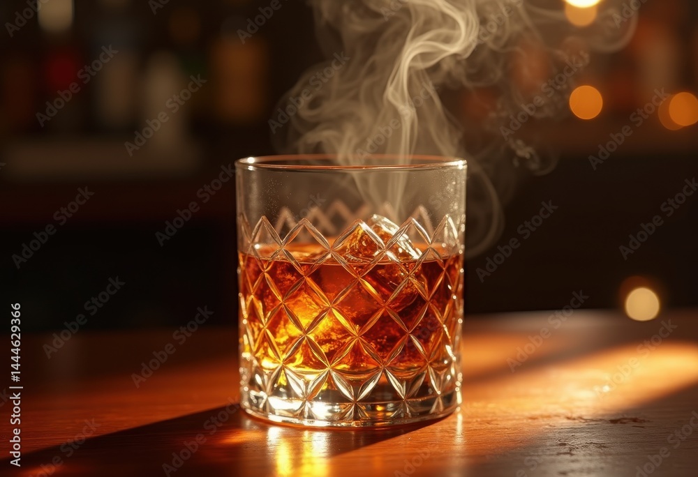 amber whiskey swirl crystal tumbler elegant drink reflective surface fine glassware beverage display, liquid, spirits, bar, liquor, shine, reflection
