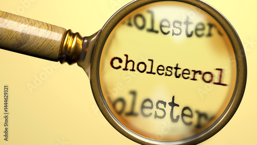 Cholesterol under magnifying glass. Thorough analysis and inspection of cholesterol. Taking a closer look at cholesterol. Examination of the concept of cholesterol ,3d illustration