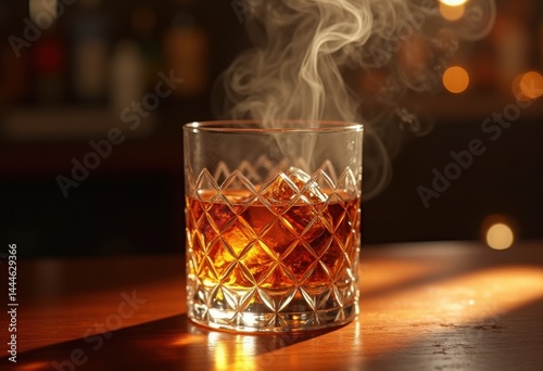 amber whiskey swirl crystal tumbler elegant drink reflective surface fine glassware beverage display, liquid, spirits, bar, liquor, shine, reflection