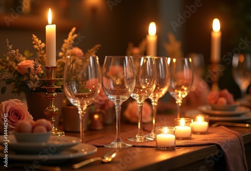 Obraz na płótnie artfully arranged wine glasses rustic wooden table elegant decoration cozy ambiance, elegance, interior, vintage, oak, pine, bar, drink, style, atmosphere w salonie