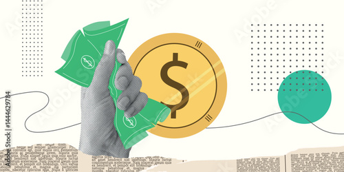 Halftone Contemporary Collage Hand for trading, investments concept, marketing. Online Stock banner with coins, money, finance elements. Horizontal invest or business poster. Vector illustration.