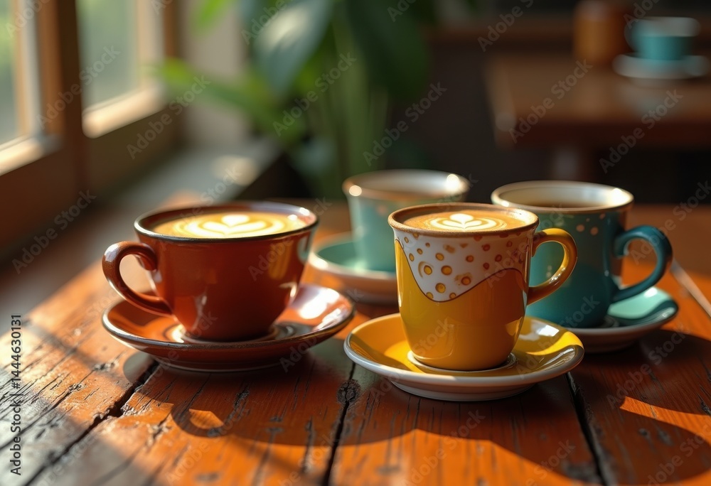 artisan coffee cups arrangement vibrant wooden table unique design colors texture here, mug, espresso, latte, macchiato, saucer, beverage, ceramics