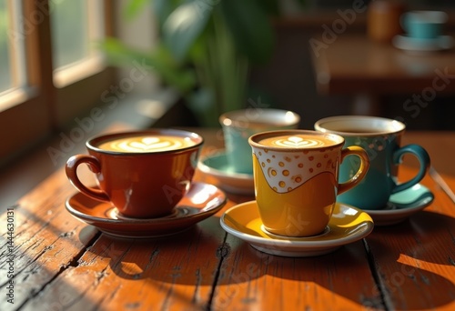 Obraz na płótnie artisan coffee cups arrangement vibrant wooden table unique design colors texture here, mug, espresso, latte, macchiato, saucer, beverage, ceramics w salonie