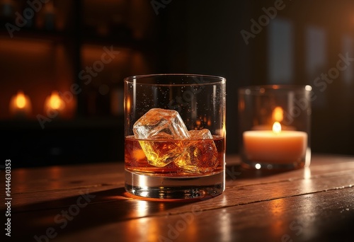 Obraz na płótnie artisan whiskey glass ice dark wood refined beverage experience elegant texture home bar decor dramatic dining ambience, cocktail, scotch, bourbon, luxury w salonie