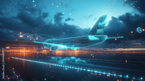 Futuristic airplane taking off, digital interface