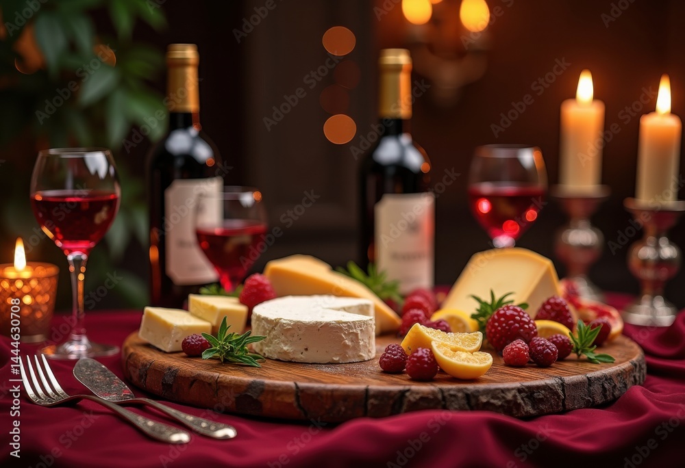 artistic arrangement red wine bottles paired gourmet cheese selection elegant setting, glass, charcuterie, platter, wooden, cork, cheddar, brie, blue
