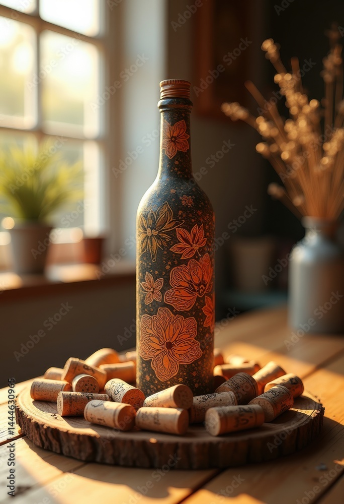 artistic decorative wine bottle surrounded corks unique home decor rustic table arrangement, glass, craft, barware, accessory, interior, decoration