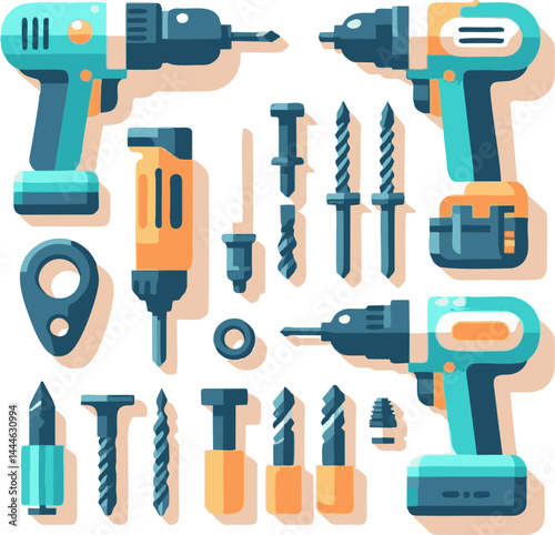Flat Icon Set: Cordless Drills, Screws, and Drill Bits