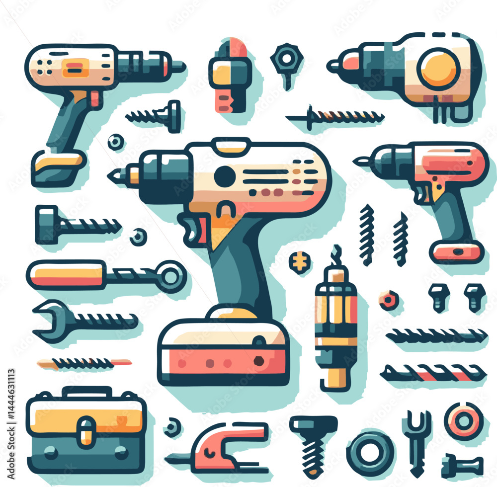 Flat Lay Illustration of Cordless Drills and Hand Tools Flat Lay Illustration of Cordless Drills and Hand Tools