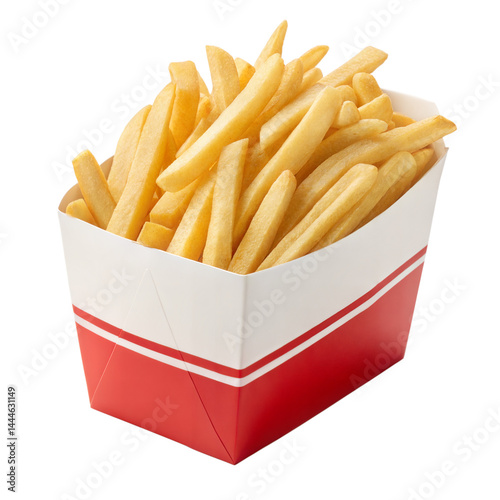 Tasty vector illustration of golden French fries in a red and white striped cardboard box, ideal for fast food advertisement, snack packaging designs, restaurant branding, and delivery app visuals Png
