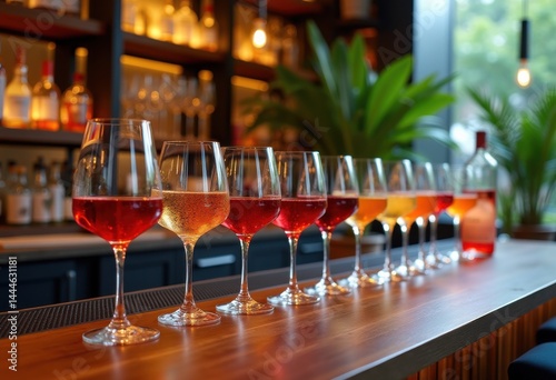assorted wine glasses colorful gradients stylish home decor aesthetic lounge elegant barware collection, beverage, drink, decoration, cocktail, party, set