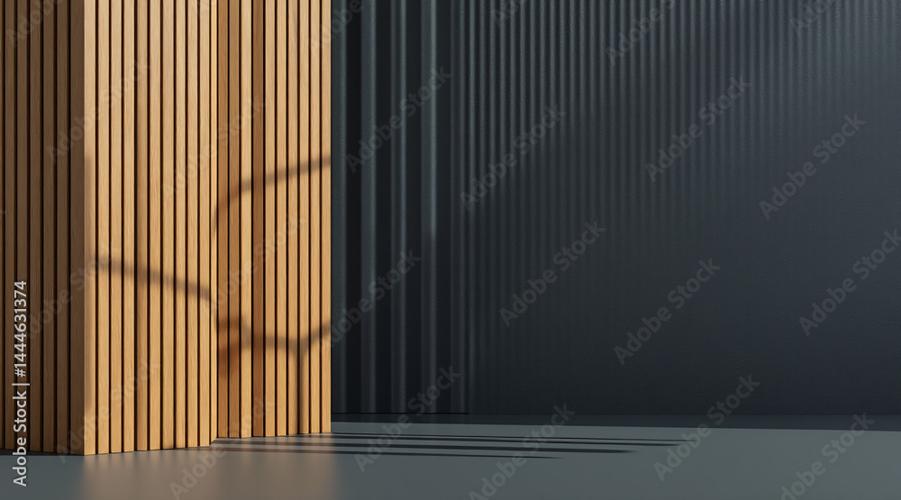 Obraz premium Modern Interior Design with Wooden Panels and Shadows in Contemporary Space