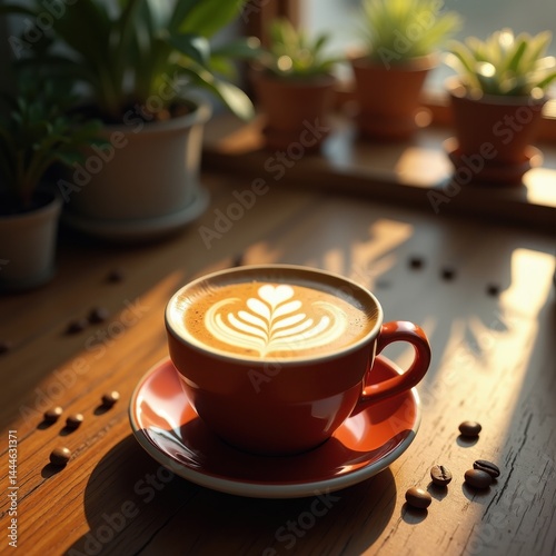 Obraz na płótnie beautiful latte art design rustic wood table background cafe vibe cozy aesthetic, drink, espresso, foam, milk, brew, beverage, coffee, heart, pattern w salonie
