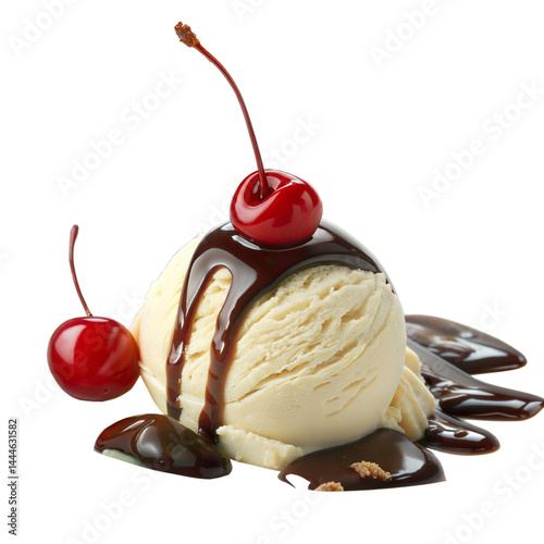 Mouthwatering scoop of vanilla ice cream with thick chocolate syrup drizzle and cherries, ideal for gourmet dessert packaging, summer treat visuals, food menu graphics, and ice cream ads Png