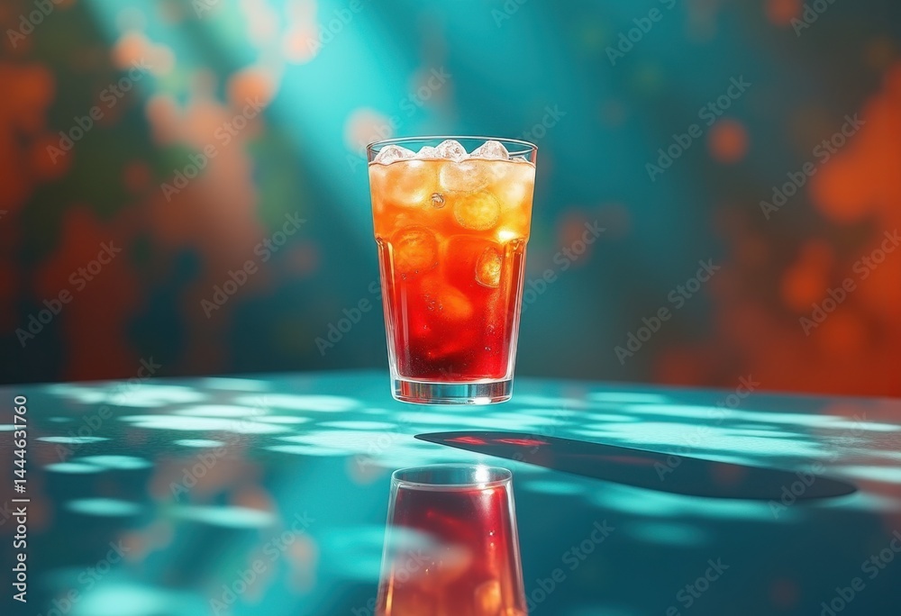 beverage levitating above glass tabletop captivating optical illusion magnifying reflections unique perspective creative artistry, decoration