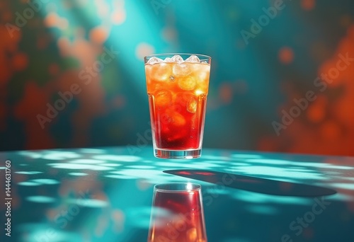 Obraz na płótnie beverage levitating above glass tabletop captivating optical illusion magnifying reflections unique perspective creative artistry, decoration w salonie