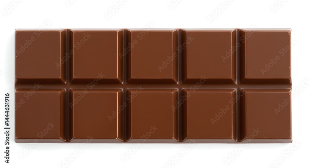 Top view of a milk chocolate bar isolated on a clean white background, ideal for confectionery packaging, dessert branding, food advertising, and sweet treat visual design projects. Top view of a milk chocolate bar isolated on a clean white background, ideal for confectionery packaging, dessert branding, food advertising, and sweet treat visual design projects.