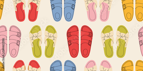 Seamless pattern with different types of modern trendy women footwear. Endless texture with fashionable and stylish shoes for printing. Colored flat vector illustration.