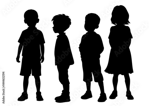 "Silhouettes of Four Children Standing Side by Side"