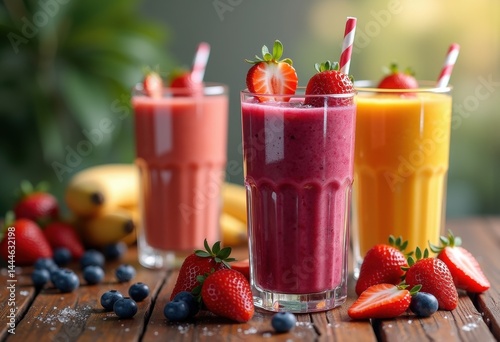 Obraz na płótnie brightly colored smoothies glass jars fresh fruit healthy beverage blender blend nutrition, colorful, banana, mango, berry, juice, tropical, citrus, organic w salonie