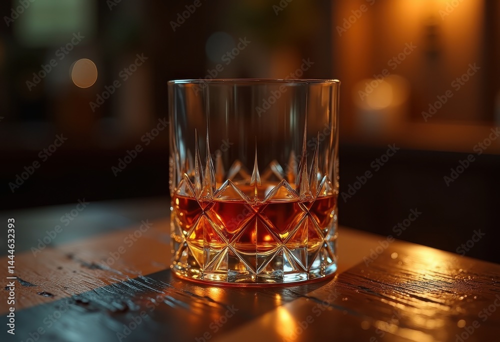 cask aged whiskey exquisite crystal glass reflection amber liquid luxury drink, spirits, beverage, craft, microbrew, honey, barrel, smooth, rich