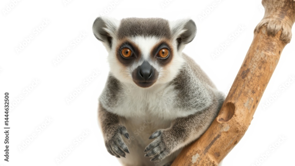 Fototapeta premium A curious -tailed lemur sits perched on a weathered wooden branch against a clean white background.