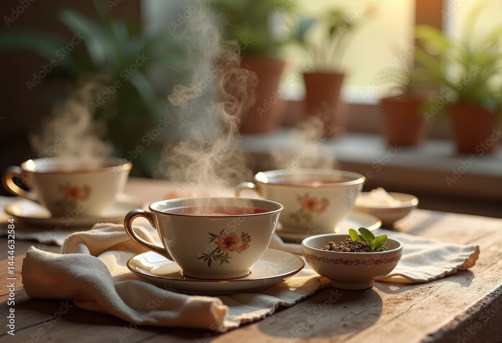 ceramic cups steaming tea warm drink cozy arrangement tableware kitchen setting, beverage, pouring, honey, sugar, spoon, mug, kettle, infusion, aroma