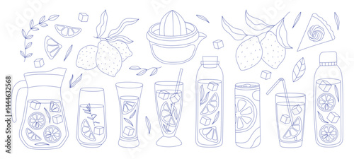 Set of lemonade elements, lemon, ice, straw. Slice lemon, whole, half. Glass, pitcher, jar, jug, bottle. Vector element of smoothie lemonade fresh juice detox in flat cartoon style Vector illustration