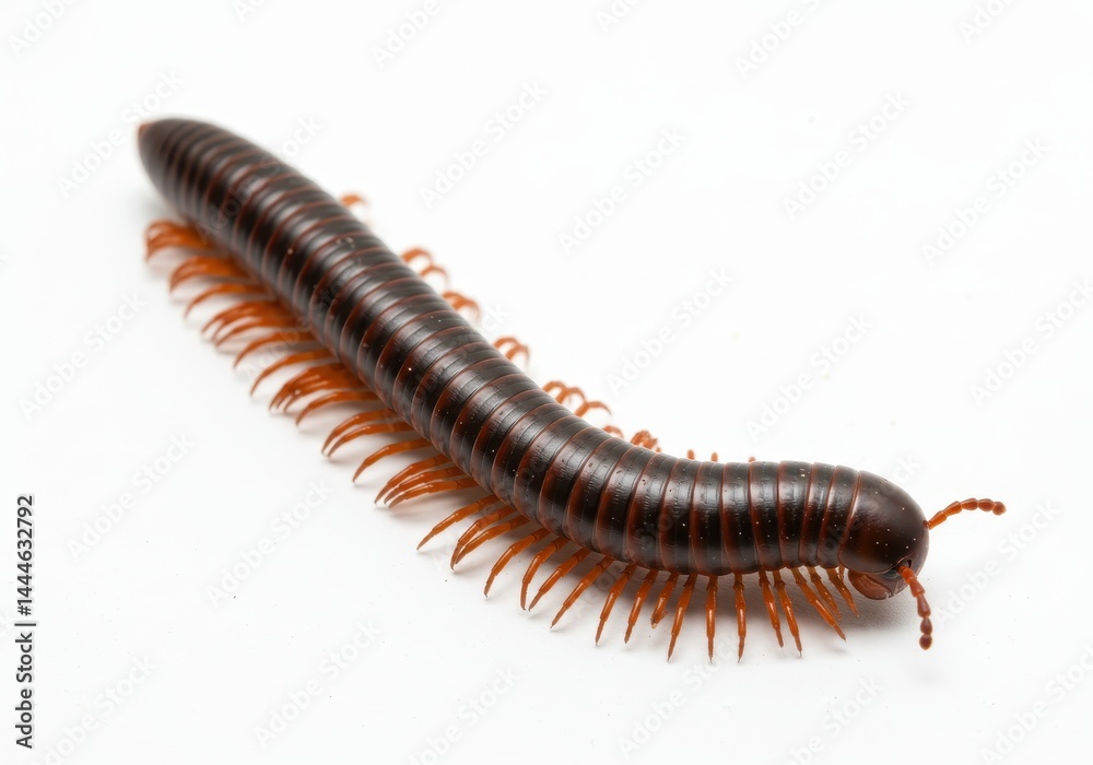 Close up of a dark brown millipede with orange legs crawling on a white background in high detail Close up of a dark brown millipede with orange legs crawling on a white background in high detail
