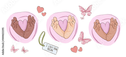 Hand-Drawn Illustration Feet Newborn Baby Wrapped in Pink Blanket. Gender Party, Boy or Girl, Baby Shower.