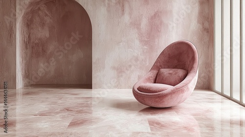 Pink chair in a pink room with rounded arches