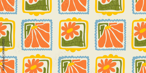 Colorful floral seamless pattern illustration. Vintage style flower frame background design collection. Geometric natural wallpaper print, spring season nature backdrop texture with flowers.
