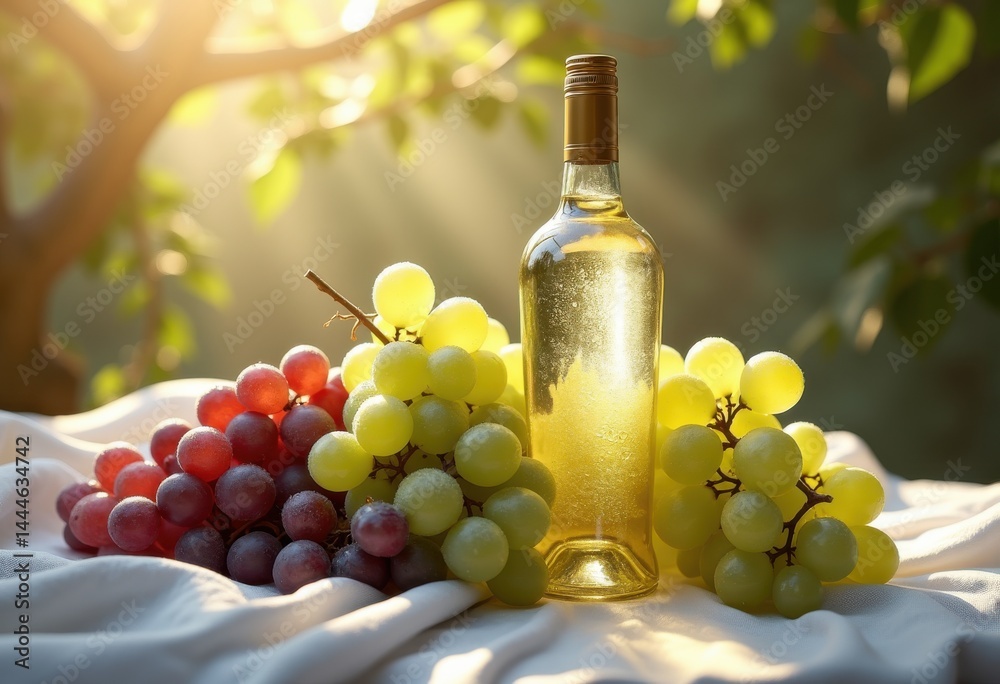 Obraz premium chilled white wine bottle surrounded fresh grapes elegant still life refreshing atmosphere, drink, liquid, beverage, glass, vintage, pour, toast, cork, table