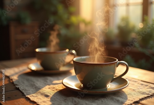 Wallpaper Mural elegant pair ceramic coffee cups rising steam cozy warmth morning rituals drinkware, beverage, kitchen, porcelain, texture, brew, aroma, sipping, enjoyment Torontodigital.ca