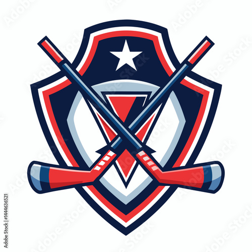 Red and Navy Shield with White Star and Two Crossed Hockey Sticks on White Background