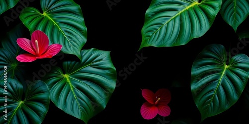 Lush vibrant monstera leaves against a deep black backdrop, graphic, lush