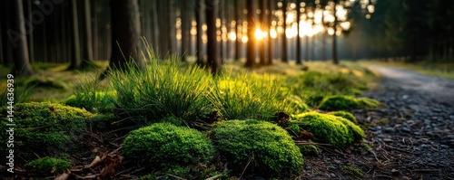 Green moss between grass and forest with relax mood concept. Sunlit forest path with lush green moss and vibrant grass.