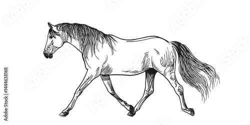Elegant, hand-drawn vector illustration of a galloping horse, ideal for equestrian themes, animal lovers, and art prints. Perfect for websites, books, and marketing materials.