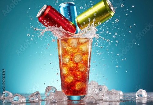 vibrant colorful soda cans splashing into ice filled glass refreshing beverage drink, liquid, carbonated, fizz, bubbles, condensation, container, texture