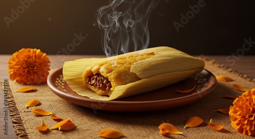 Steaming tamale surrounded by marigolds, evocative of cultural festivities