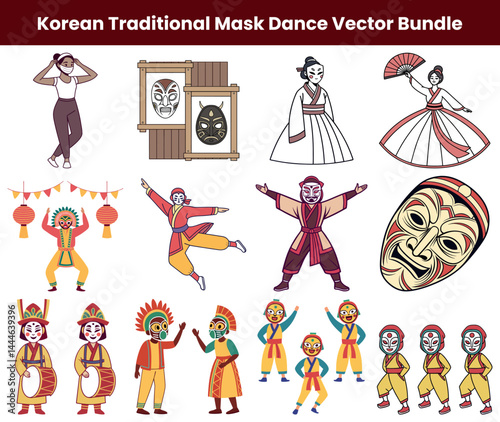 Korean Mask Dance Performers, Traditional Masks, Cultural Show, Dancing Figures, Folk Art