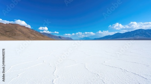 Vast Salt Flat Brown Mountains Stunning Landscape High-resolution Wide angle view Textured surface Expansive vista under clear sky Bright, airy tones Ideal for travel brochures